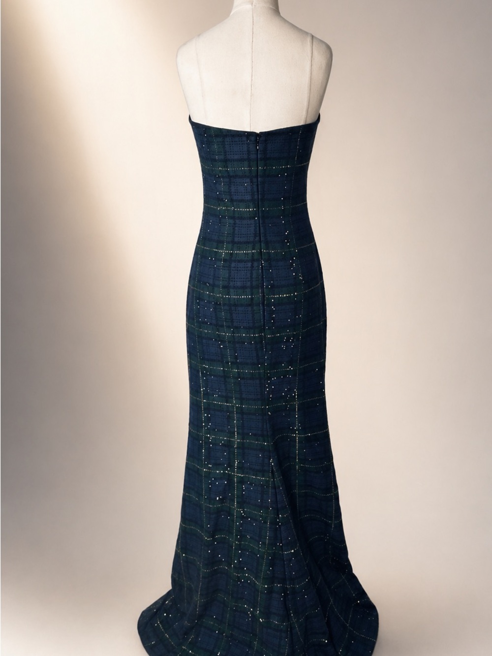 Ralph Lauren Purple Label Strapless Dark Green Plaid Gown with Gold Appliqué - Picture 2 of 5